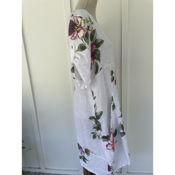 VANSA White Linen Floral Relaxed Langenlook Dress Made in Italy Petite Small - Picture 12 of 16